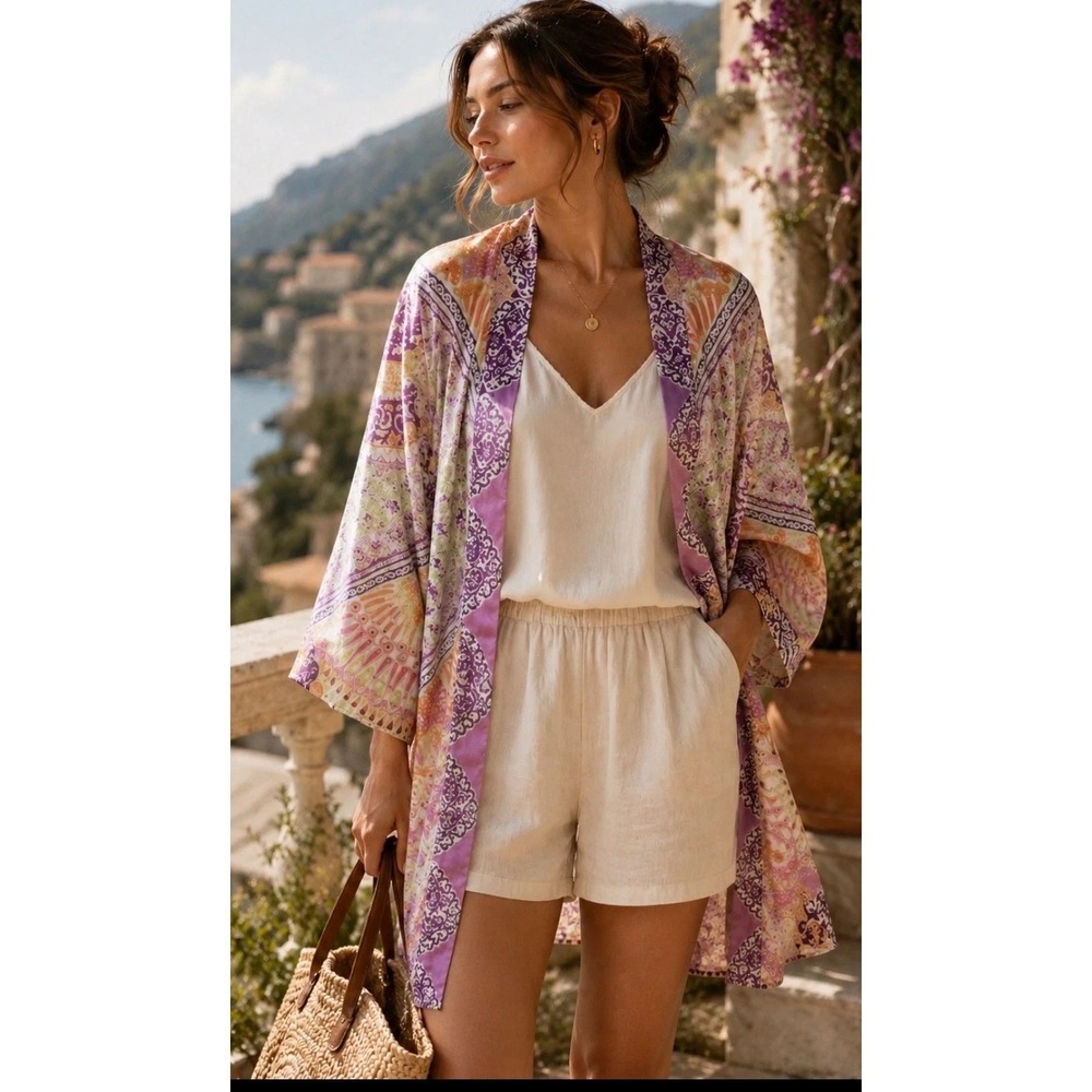 CHICO'S Coastal Tile Duster Jacket Satin Open Long  Lilac Print Size 2 12-14 LG
